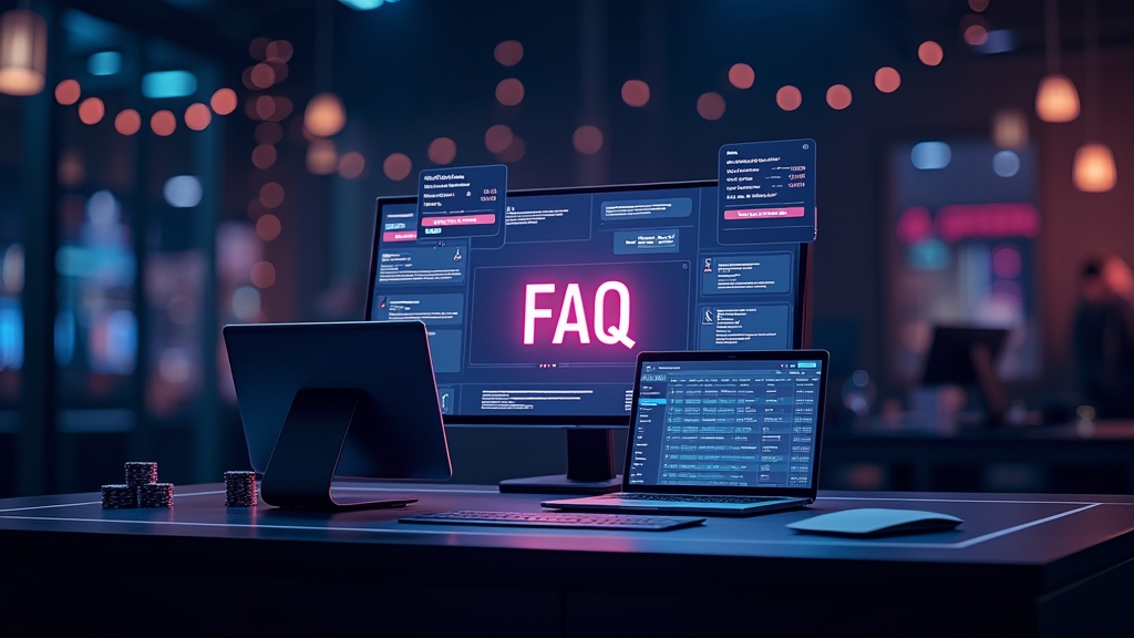 Painel de perguntas frequentes com ecrã de conta segura em ambiente de casino