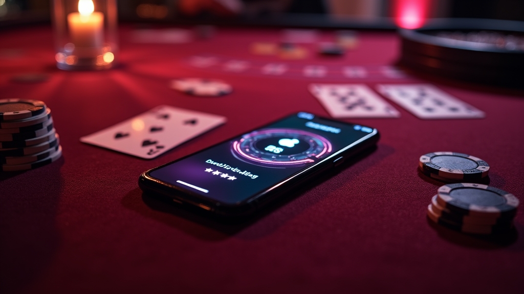iPhone com acesso ao Lazybar em cenário de casino iluminado