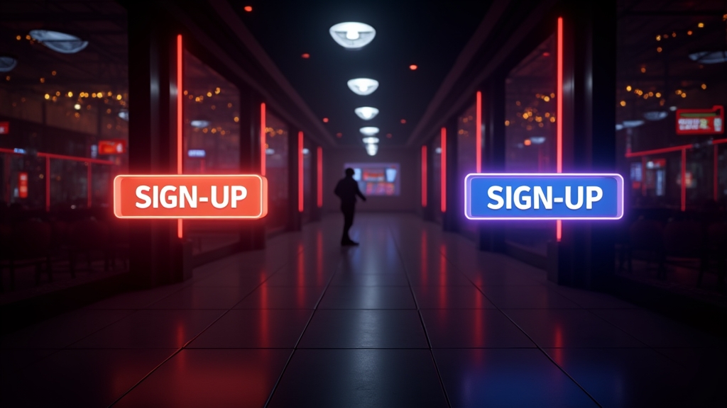 Corredor de casino com botões de registo e interface de criação de conta