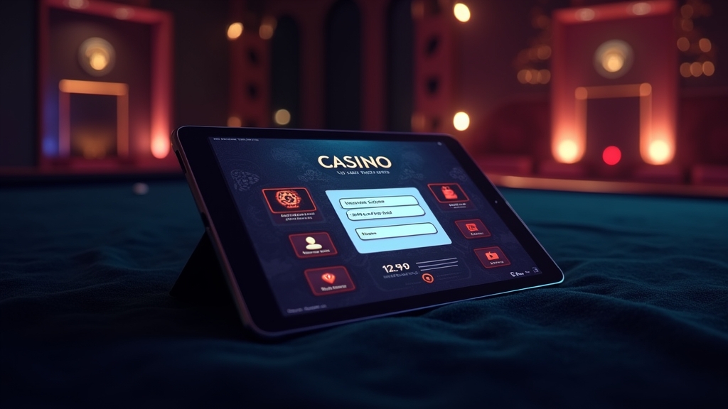 Tablet com formulário de registo numa sala de casino em ambiente escuro