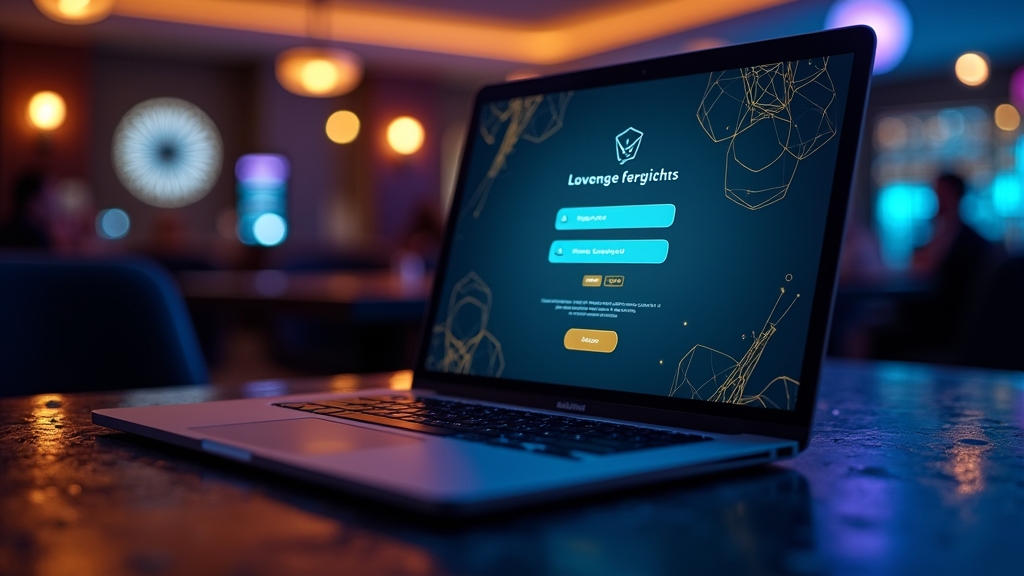 Portátil com página de login aberta em ambiente de casino escuro e moderno